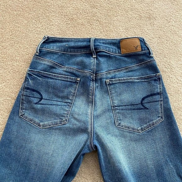 American Eagle Super Stretch 00R Festival Crop Wide Leg Jeans Raw Fringe Hems - Picture 6 of 9